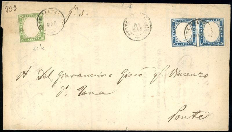 1862 - 5 cent. verde olivastro perfetto, 20 cent. azzurro scurissimo, coppia leggermente intaccata in alto (13Dc,15C), su lettera da Ponte in Valtellina 31/3/1862 per città. Interessante tariffa.  - Asta Filatelia - Cambi Casa d'Aste