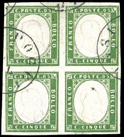 1863 - 5 cent. verde cupo (13E), blocco di quattro, perfetto, usato a Poggibonsi. Raro e molto bello. G.Oliva, A.Diena, Chiavarello.