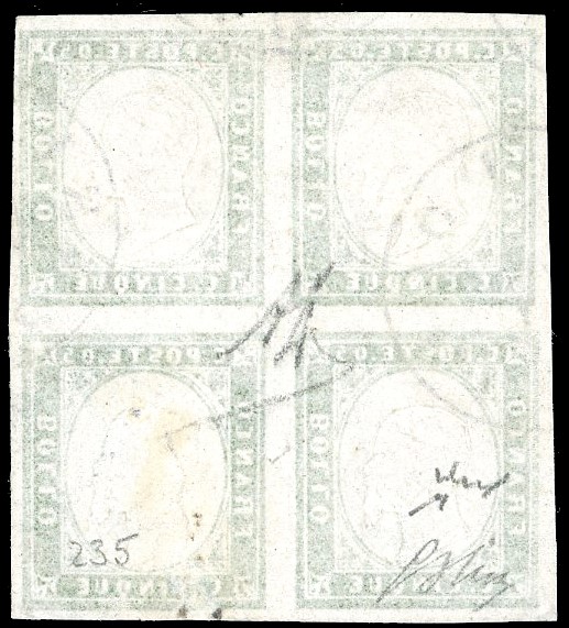 1863, 5 cent. verde cupo (13E), blocco di quattro, usato a Poggibonsi