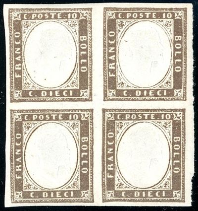 1859, 10 cent. bruno grigiastro (14A), blocco di quattro, gomma originale integra