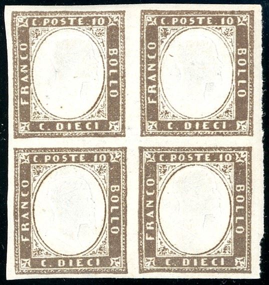 1859 - 10 cent. bruno grigiastro (14A), blocco di quattro, gomma originale integra, perfetto. Molto fresco. A.Diena, cert. Ferrario.