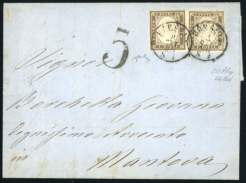 1860 - 10 cent. bruno olivastro scuro (14Bd), coppia orizzontale con evidente disallineamento, perfetta, su sovracoperta di lettera da Brescia 8/10/1860 a Mantova, tassata 5 soldi. Interessante. Chiavarello, cert. Colla. Ex coll. Hess.  - Auction Philately - Cambi Casa d'Aste