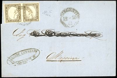 1861, Francobollo da 10 centesimi oliva grigio scurissimo (14Cb), usato su frammento di lettera d...