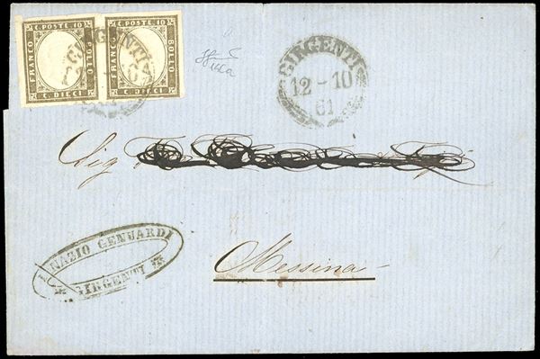 1861 - 10 cent. oliva grigio scurissimo (14Cb), perfetto, usato su ampio frammento di lettera da Scansano 12/9/1861, a Grosseto, bollo d'arrivo. Cert. Ferrario.