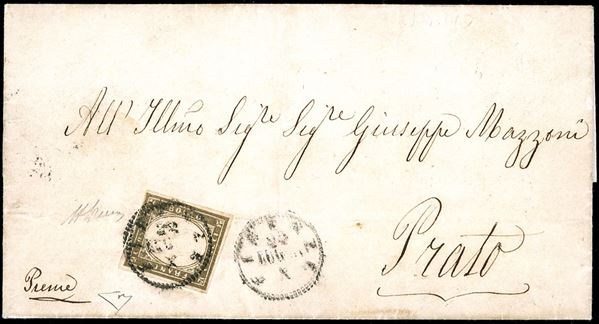 1861 - 10 cent. grigio bistro chiaro, EFFIGIE CAPOVOLTA (14Cc), ottimo stato, su lettera da Firenze 22/7/1861 a Prato. Rarissima e molto fresca! Diena, cert. E.Diena.