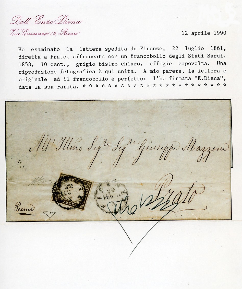 1861, 10 centesimi grigio bistro chiaro, effigie capovolta (14Cc) su lettera da Firenze a Prato