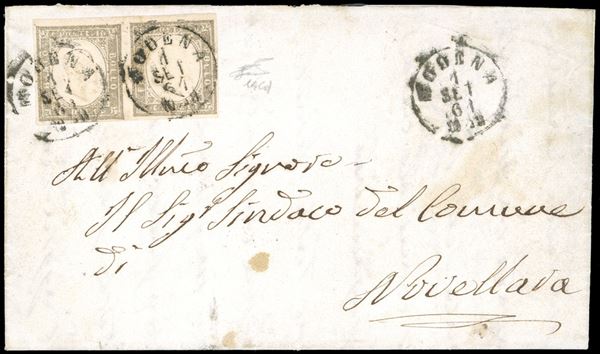 1861 - 10 cent. grigio (14Cd), coppia, perfetta su lettera da Modena 1/9/1861 a Novellara. Ferrario.