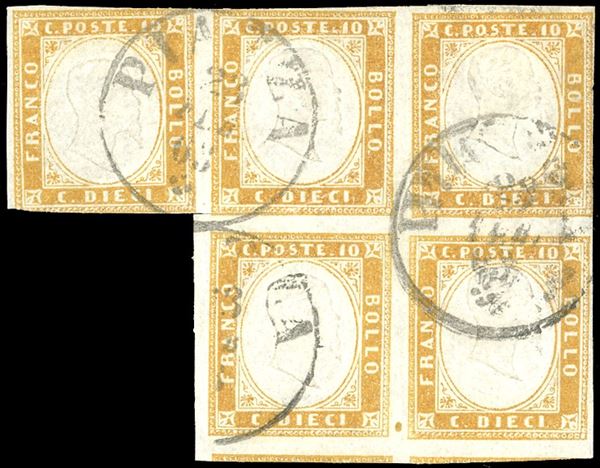 1862 - 10 cent. arancio ocra (14De), blocco di cinque, alcuni lievi difetti di marginatura, usato a Piazza 23/2/1863, ottimo aspetto. Raro. Em. e A.Diena, Chiavarello, cert. Ferrario.