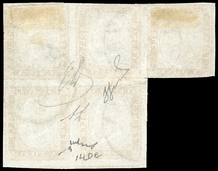 1862, Francesco, 10 cent. arancio ocra (14De), blocco di cinque