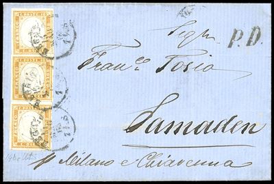 1863, 10 centesimi arancio ocra (14De), tre esemplari su lettera da Reggio a Samaden, Svizzera