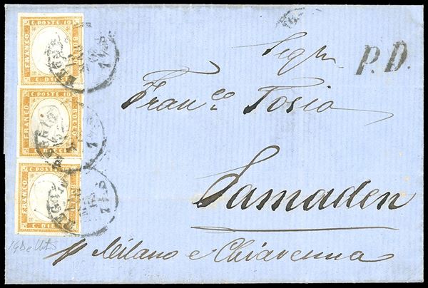 1863 - 10 cent. arancio ocra (14De), tre esemplari, ben marginati, uno con lieve piega orizzontale, su lettera da Reggio 15/5/1863 a Samaden, Svizzera. Non comune e di ottimo aspetto.