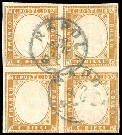 1863, 10 centesimi bistro chiaro (14Ea), blocco di quattro, usato a Napoli il 30 aprile 1863
