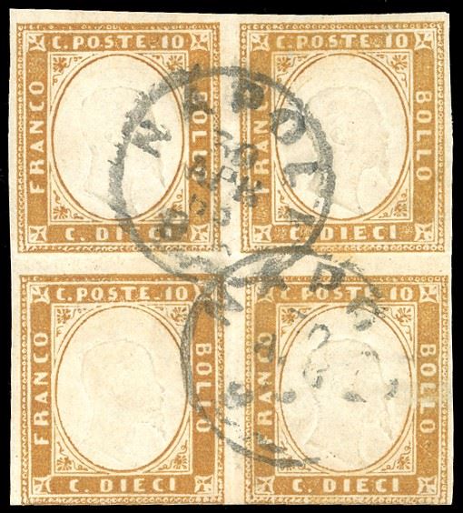 1863 - 10 cent. bistro chiaro (14Ea), blocco di quattro, margine inferiore sfiorato, usato a Napoli 30/4/1863. Raro e di ottimo aspetto. Chiavarello, cert. Ferrario.  - Auction Philately - Cambi Casa d'Aste