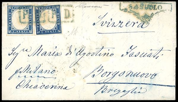 1861 - 20 cent. azzurro scurissimo (15c), due esemplari, perfetti, su lettera da Sassuolo 20/5/1861, PD annullatore + "SASSUOLO" in cartella punti 9 - a Borgonuovo, in Svizzera. Al verso diversi bolli di transito tra cui due ambulanti e un lacuale. Molto bella. A.Diena, cert. Vaccari.