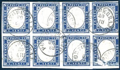 1862, 20 centesimi indaco chiaro, blocco di otto, usato a Portoferraio