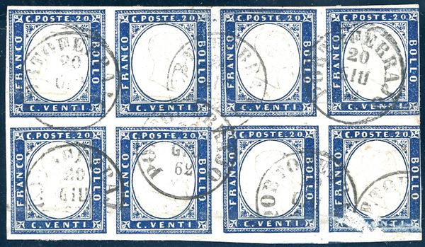 1862 - 20 cent. indaco chiaro (15Eb), blocco di otto, pos. 2/5,7/10, buono stato di conservazione complessiva, molto fresco, usato a Portoferraio 20/6/1862. Estremamente raro, si tratta di uno dei massimi multipli usati noti di questo francobollo. Raybaudi, Chiavarello, cert. Bottacchi. Ex coll. Imperato.