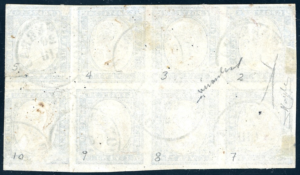 1862, 20 centesimi indaco chiaro, blocco di otto, usato a Portoferraio