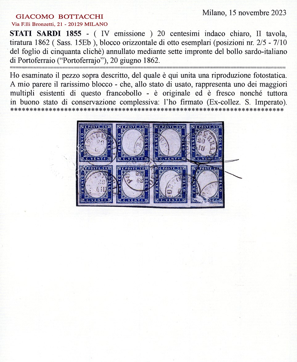 1862, 20 centesimi indaco chiaro, blocco di otto, usato a Portoferraio
