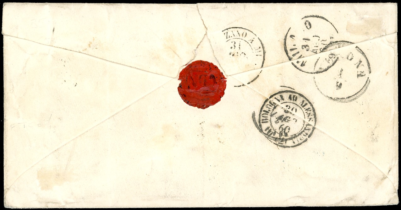 1860 - 40 cent. rosso (16C), coppia orizzontale, disallineamento significativo su lettera da Mode...