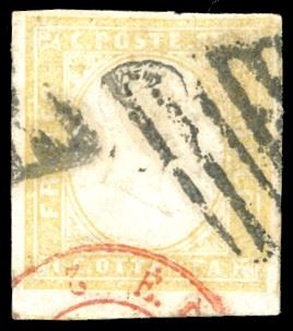 1859 - 80 cent. giallo olivastro chiaro (17Aa), perfetto, usato con il muto a griglia di origine pontificia. A.Diena, Ferrario, cert. Chiavarello. Ex coll. Imperato.  - Asta Filatelia - Cambi Casa d'Aste