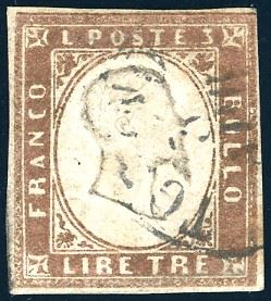1861 - 3 lire rame vivo (18A), perfetto, usato a Torino. Em.Diena, cert. Ferrario.