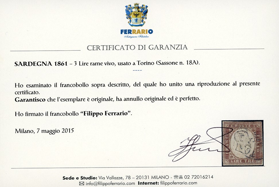 Moneta, 3 lire rame vivo del 1861, certificata Em.Diena
