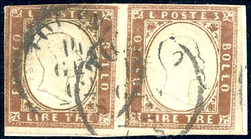 1862 - 3 lire rame vivo (18A), coppia orizzontale usata a Torino 14/6/1862, il primo esemplare leggermente corto in alto, il secondo perfetto. Molto fresca, colore vivo. Rare le coppie del 3 lire. Golinelli, Alberto ed Enzo Diena. Cert. Diena. Ex coll. Imperato.