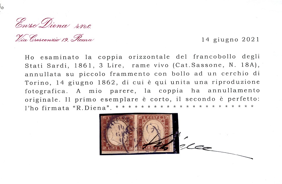 1862, 3 lire rame vivo (18A), coppia orizzontale usata a Torino