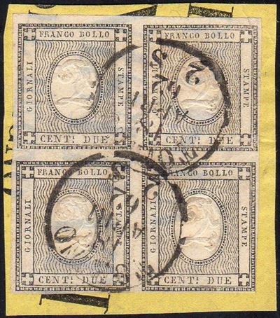 1862, 2 centesimi grigio nero per stampati, blocco di quattro su frammento postale, Torino 18/4/1...