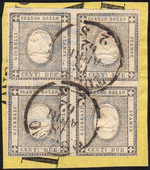 1862 - 2 cent. grigio nero per stampati (20), blocco di quattro perfetto, usato su frammento a Torino 18/4/1862. A.Diena, cert. Raybaudi.
