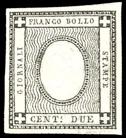 1861 - 2 cent. nero intenso per stampati (20e), gomma originale integra, perfetto. Rara tonalità. Cert. Ferrario.