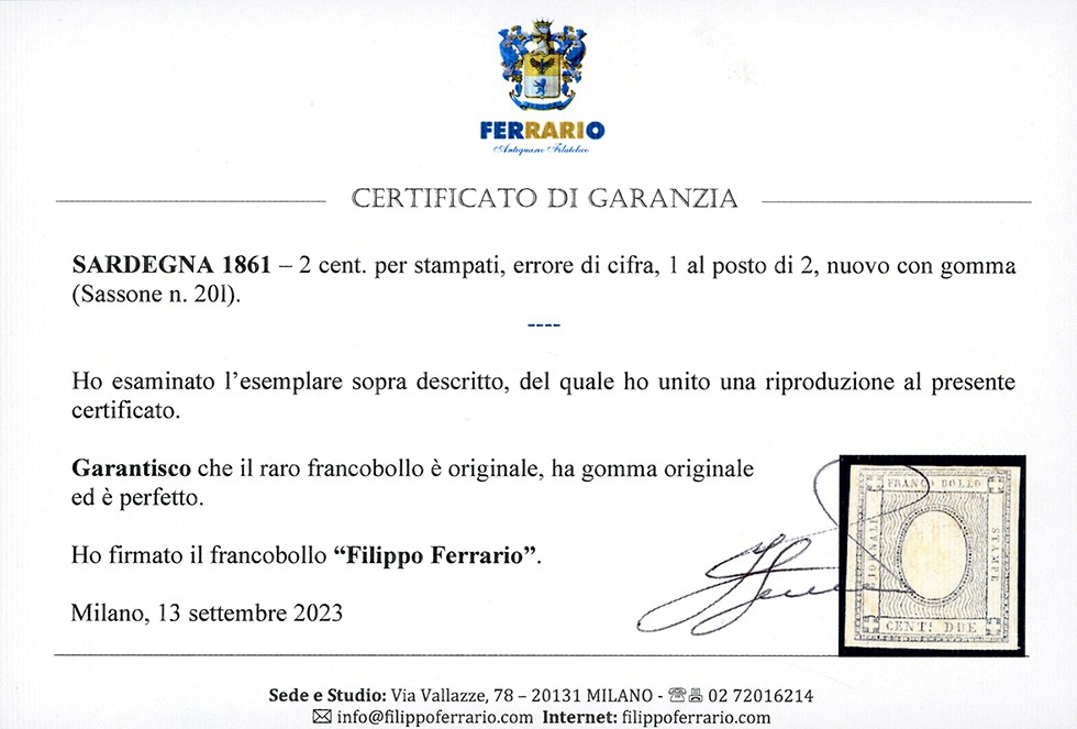 1861, 2 cent. per stampati, errore di cifra, 1 al posto di 2 (20l), gomma originale, perfetto