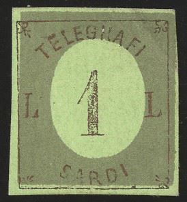 SAGGI 1858 - 1 lira saggio di francobollo per Telegrafi su cartoncino verde chiaro, cornice con centro  [..]