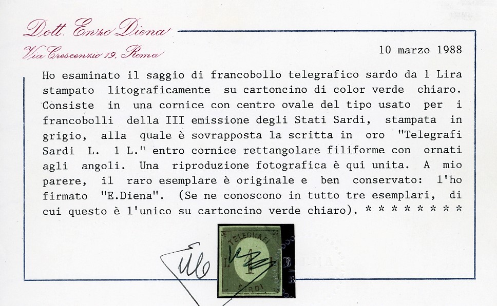 Raybaudi, Saggio 1858 - 1 lira per Telegrafi su cartoncino verde chiaro