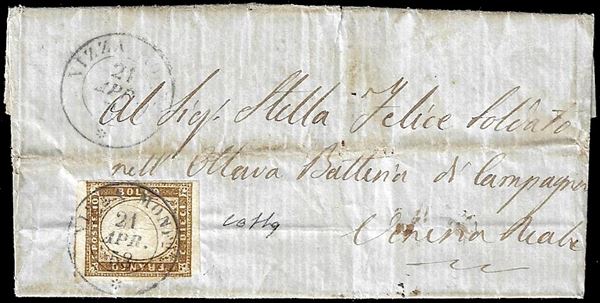 POSTA MILITARE 1858 - 10 cent. terra d'ombra (14) lieve piega d'archivio, ben marginato, su lettera diretta a militare, in tariffa ridotta, da Nizza Monferrato 21/4/1858 a Venaria Reale. Interessante in questo periodo non belligerante. Cert. Colla.