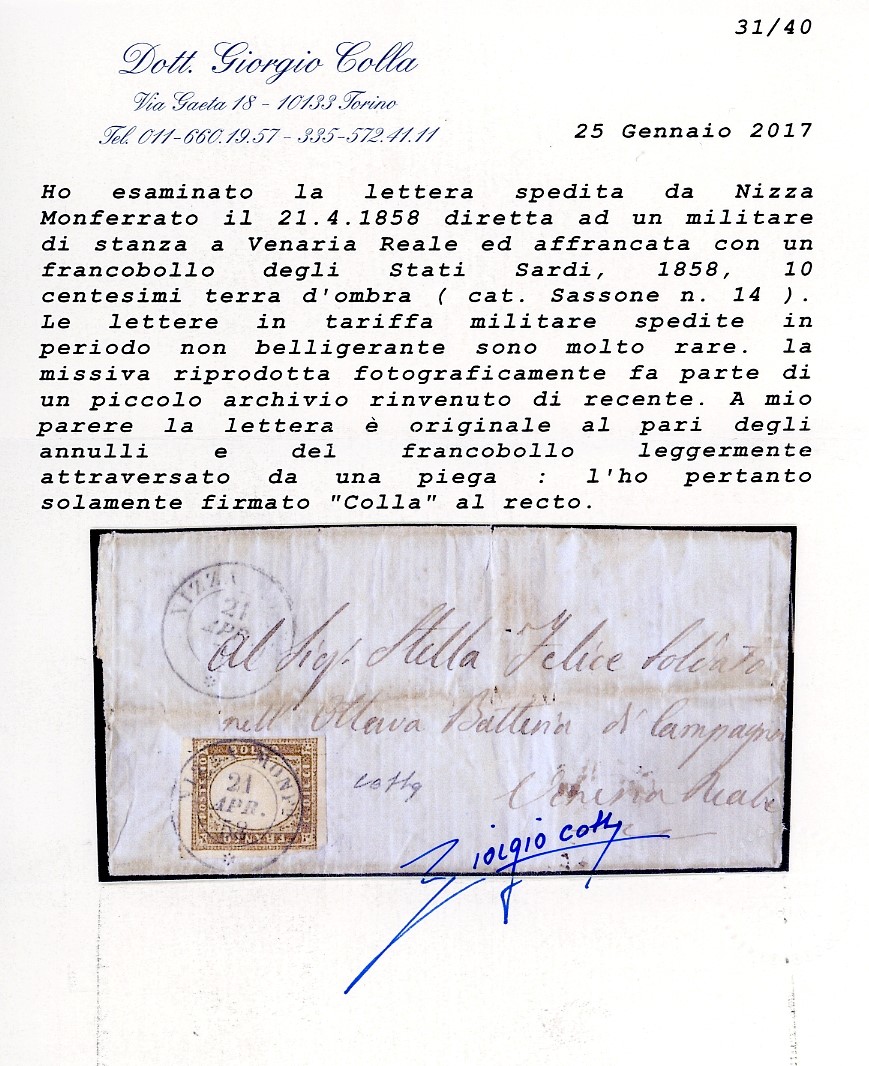 Posta militare, 10 centesimi terra d'ombra, 1858