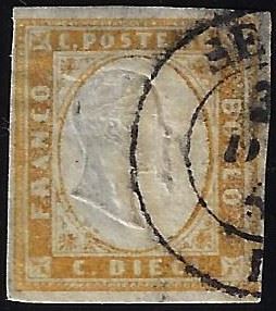 ANNULLAMENTI ISOLA  DI SARDEGNA - SENIS, punti R2 - 10 cent. (14E), assottigliato, usato, ben marginato. Molto raro.  - Asta Filatelia - Cambi Casa d'Aste