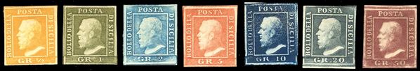 1859 - L'emissione completa di 7 valori nelle tavole più comuni (1,5,6,11,12,13,14), nuovi, gomma originale, perfetti. Il 10 grana senza gomma. Ottima qualità. Tutti firmati da noti periti, la serie cert. Ferrario.