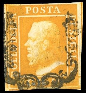 1859 - 1/2 grano arancio, I tavola, carta di Napoli (1a), perfetto e molto fresco annullato con un'impronta rovesciata del muto a "ferro di cavallo", in spregio al Sovrano. Interessante e raro. Chiavarello. Ex coll. Imperato.  - Asta Filatelia - Cambi Casa d'Aste