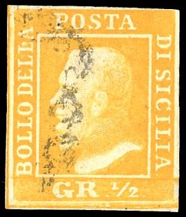 1859 - 1/2 grano arancio, II tavola, carta di Palermo (2), usato, perfetto. Cert. Ferrario.