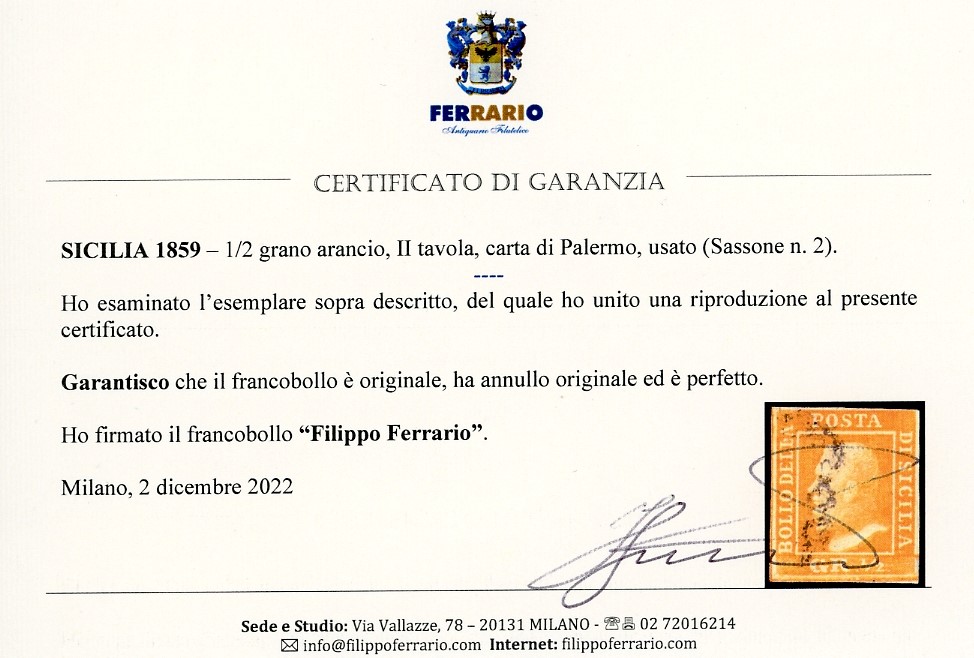 1859, 1/2 grano arancio, II tavola, carta di Palermo - Certificato Ferrario