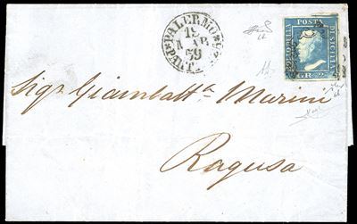 1859, 2 grana cobalto, prima tavola, carta di Napoli (6b) su lettera datata