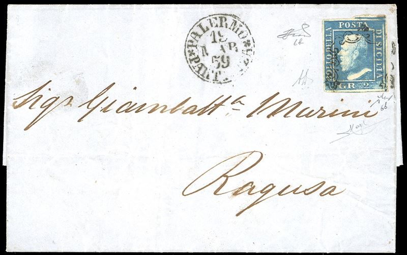 1859 - 2 grana cobalto, I tavola, carta di Napoli (6b), perfetto, su lettera datata internamente Napoli 18/3/1859 e messa in posta a Palermo 19/3/1859 per Ragusa. Interessante. A.Diena, Raybaudi, Chiavarello, Ferrario.  - Asta Filatelia - Cambi Casa d'Aste