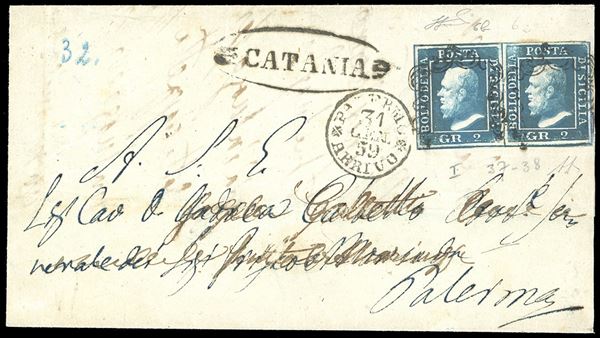 1859 - 2 grana cobalto, I tavola, carta di Napoli, due esemplari posiz. 37 e 38 (6b), perfetti, su fresca lettera da Catania a Palermo 31/1/1859. A.Diena, Ferrario. Ex coll. Imperato.