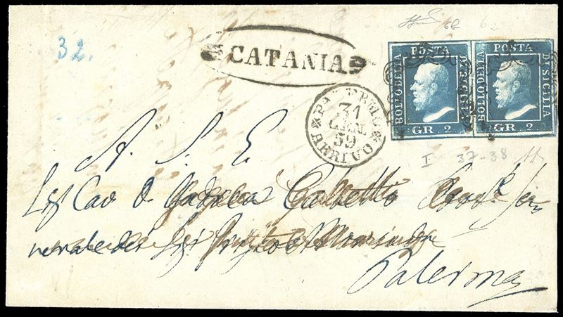 1859 - 2 grana cobalto, I tavola, carta di Napoli, due esemplari posiz. 37 e 38 (6b), perfetti, su fresca lettera da Catania a Palermo 31/1/1859. A.Diena, Ferrario. Ex coll. Imperato.  - Asta Filatelia - Cambi Casa d'Aste