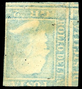 1859, 2 grana azzurro chiaro, stampa recto-verso con impronta invertita