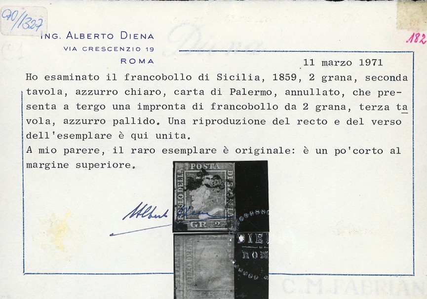 1859, 2 grana azzurro chiaro, stampa recto-verso con impronta invertita