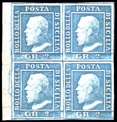 1859, 2 grana azzurro chiaro, blocco di quattro con gomma originale