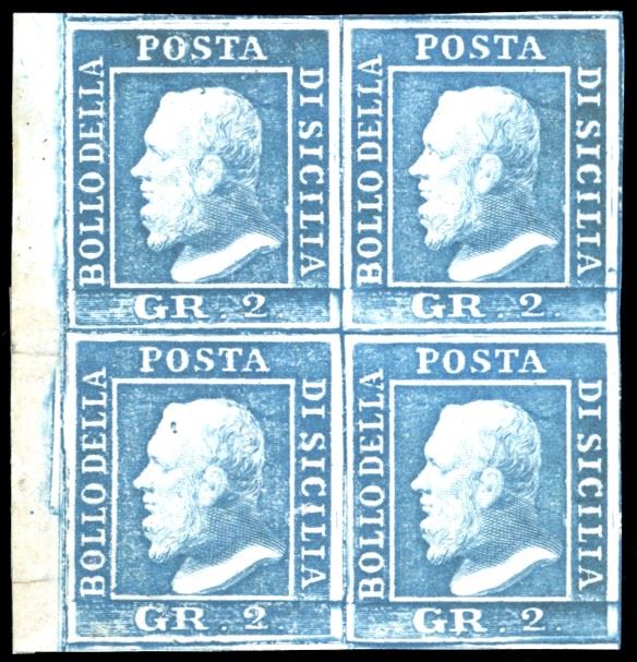 1859 - 2 grana azzurro chiaro, III tavola, carta di Palermo (8), blocco di quattro, pos. 51-52 e 61-62, bordo di foglio, gomma originale, perfetto. Molto fresco. Ferrario, cert. G.Bolaffi.