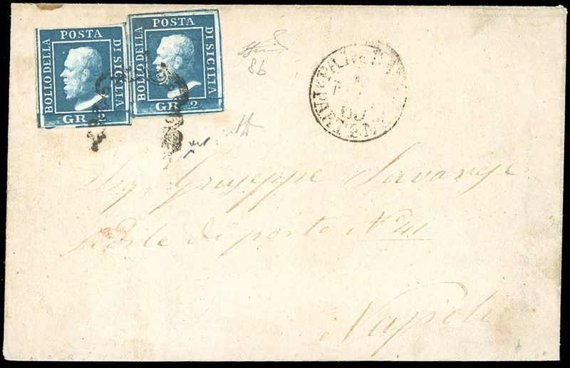 1860 - 2 grana azzurro verdastro, III tavola (8b), due esemplari perfetti, su lettera da Palermo 8/3/1860 a Napoli, bollo d'arrivo. A.Diena, Ferrario.  - Asta Filatelia - Cambi Casa d'Aste